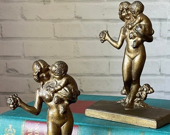 Vintage Cast Iron Nude Woman and Baby Bookends