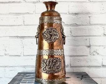 Vintage Lidded Copper Vase Oriental Design Dragons Serpents