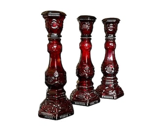 Set of 3 Vintage Avon Ruby Red 1869 Cape Cod Collection Candlesticks