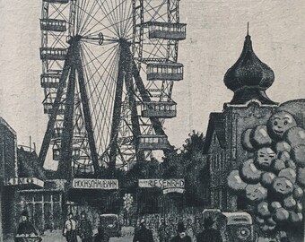 Vintage Vienna Etching Prater Amusement Park by Erich Veit