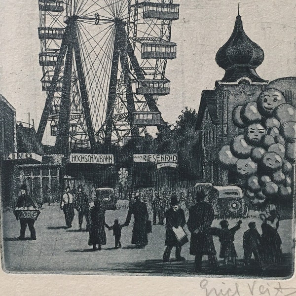 Vintage Erich Veit Etching Prater Amusement Park Vienna