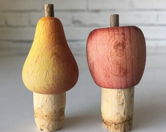 Pair Vintage Bottle Stops Carved Wood Fruit