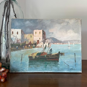 Fishing Boats in Harbor Vintage Oil Painting by Ardi