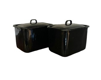 Pair Vintage 1940s Lidded Black Enamel Cannister