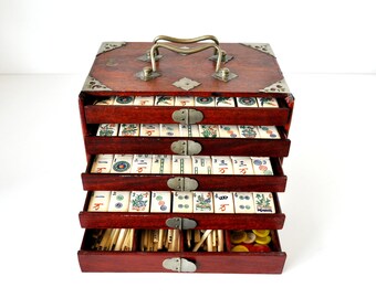 Vintage Mahjong Set in Wood Chest Bone & Bamboo