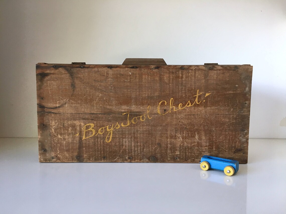 Vintage Wood Toy Chest Boys Tool Box With Hand Carved Wood Etsy