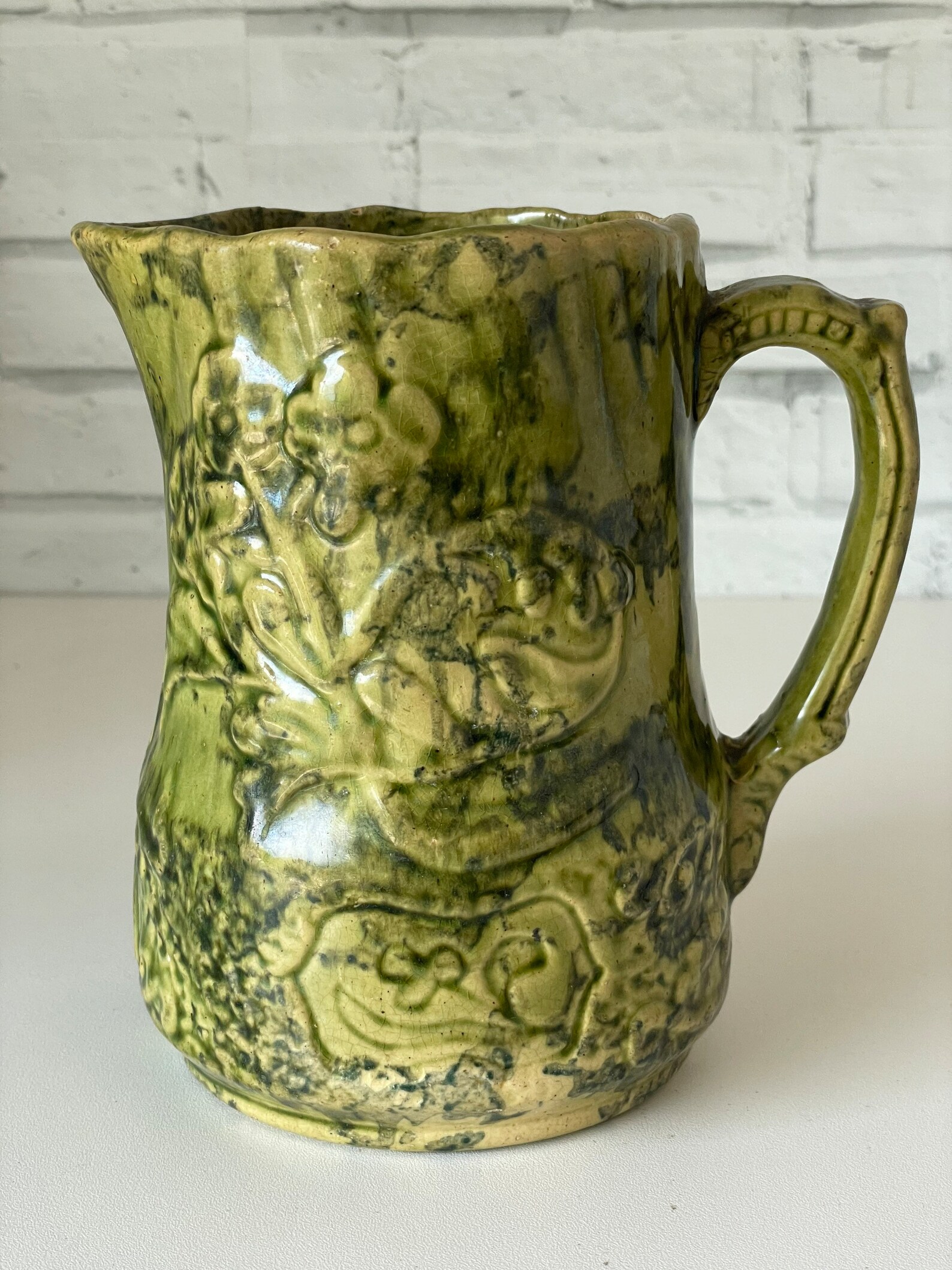 Antique Green Majolica Pitcher Etsy