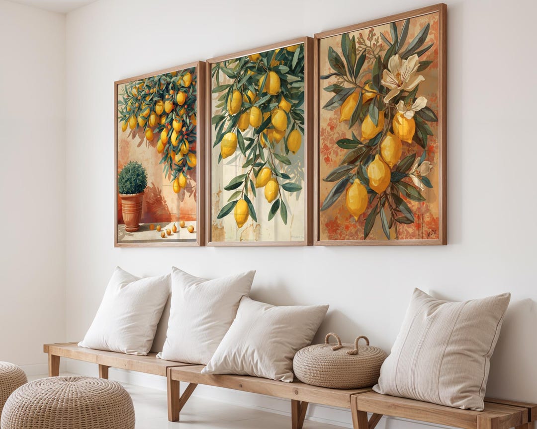 Lemon Wall Art Set of 3, Mediterranean Kitchen Decor, Italian Lemon ...