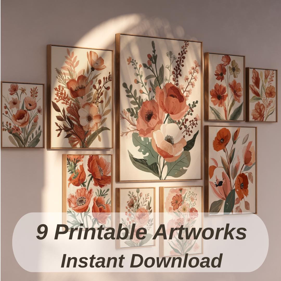 Terracotta Floral Wall Art Set of 9 Botanical Boho Printable Gallery ...