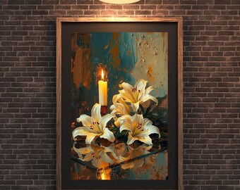 インパスト技法による白いユリの絵画、ダークな植物画、花の静物画、デジタルダウンロード