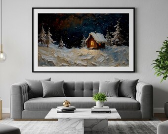 冬のコテージアート インパストプリント | 雪景色ウォールアート | 居心地の良い素朴なインテリア | デジタルダウンロード