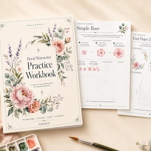 Puede incluir: Un cuaderno de ejercicios de acuarela floral con una cubierta color crema que presenta ilustraciones de rosas rosadas y lavanda. El título es Floral Watercolor Practice Workbook. Dos páginas abiertas muestran guías de pintura.