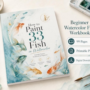 May include: A beginner watercolor fish workbook titled How to Paint 33 Fish in Watercolor. The cover features illustrations of orange and blue fish, with text indicating 99 pages, printable PDF, and digital download options for the user.