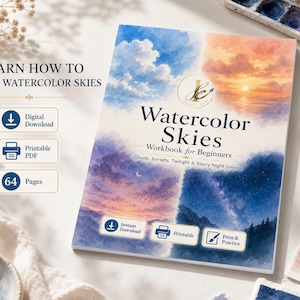 May include: A 64-page digital workbook titled Watercolor Skies: Workbook for Beginners, featuring illustrations of clouds, sunsets, twilight, and starry night scenes. The cover includes text indicating it is a printable PDF for instant download.