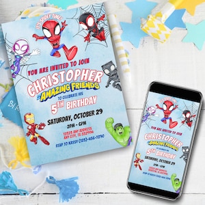 Editable Watercolor Spidey And His Amazing Friends Birthday Party Invite | Canva Editable Template | Superhero Printable  | Instant Download