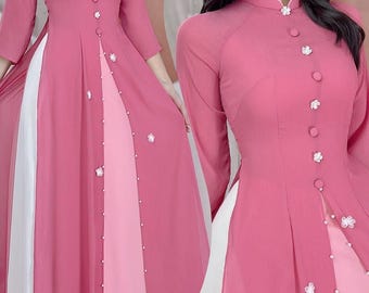 Ao Dai de gasa de seda moderna: traje nacional vietnamita con pantalones blancos
