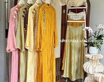 Conjunto Ao Dai vietnamita moderno prefabricado, de corte holgado, confeccionado en tela de seda tencel brillante.