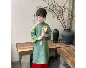Conjunto Ao Dai de seda brillante para niña, atuendo vietnamita para el Año Nuevo Lunar