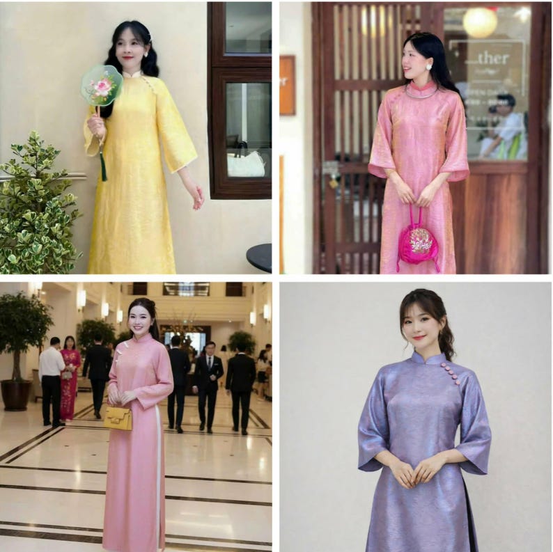 Nowoczesna bluzka z jedwabiu Tencel Ao Dai, sukienka wietnamska, wzór czteropanelowy zdjęcie 8