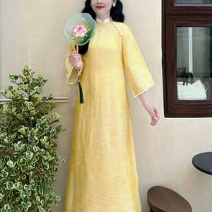 Nowoczesna bluzka z jedwabiu Tencel Ao Dai, sukienka wietnamska, wzór czteropanelowy Żółty