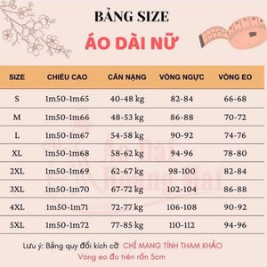 Puede incluir: Tabla de tallas para &Aacute;o D&agrave;i Nữ, una prenda tradicional vietnamita. La tabla incluye medidas de altura, peso, busto y cintura en cent&iacute;metros y kilogramos. Una cinta m&eacute;trica est&aacute; en la esquina superior derecha.