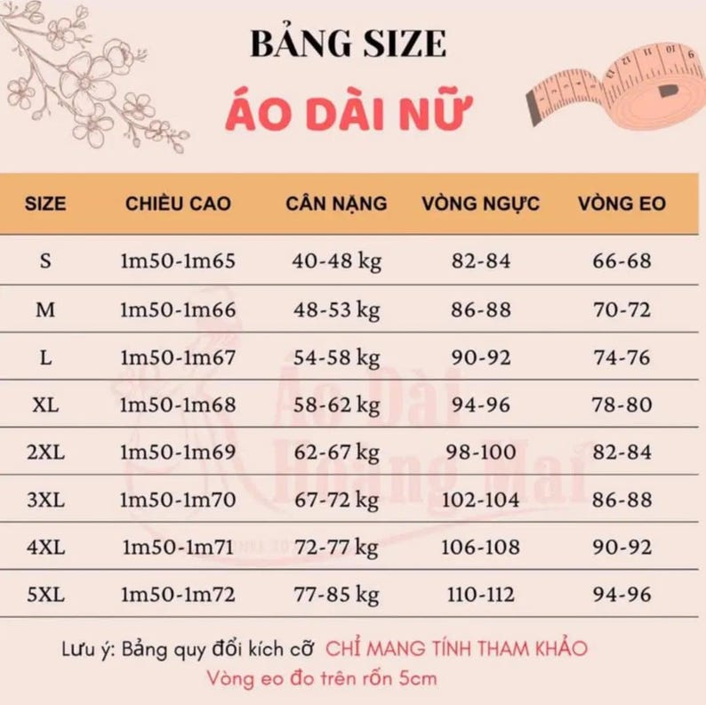 Puede incluir: Tabla de tallas para &Aacute;o D&agrave;i Nữ, una prenda tradicional vietnamita. La tabla incluye medidas de altura, peso, busto y cintura en cent&iacute;metros y kilogramos. Una cinta m&eacute;trica est&aacute; en la esquina superior derecha.
