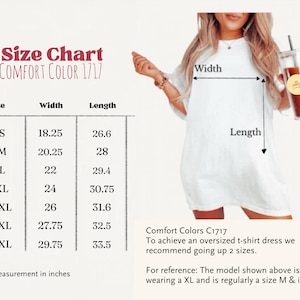 May include: A size chart for a Comfort Color 1717 t-shirt with columns for size, width, and length in inches. The chart lists sizes from S to 4XL with corresponding measurements. Text includes Comfort Colors C1717 and sizing recommendations.