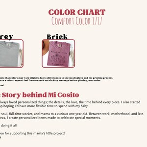May include: A color chart for Comfort Color 1717 t-shirts featuring two options: a solid grey t-shirt and a brick-colored t-shirt with a black floral graphic and text. The chart includes descriptive text about color variations and the shop story.