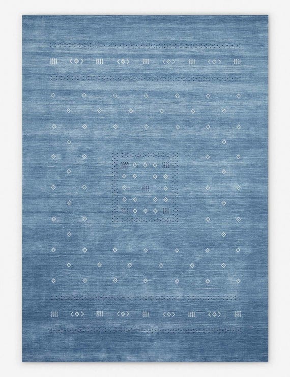 Handwoven Blue Gabbeh Rug, Modern Tribal Wool Area Rug, Geometric Diamond Pattern Handloom Carpet, Soft Thick Pile Living Room Rug 5x8 6x9