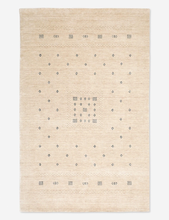 Beige Gabbeh Rug Handknotted Wool, Minimalist Tribal Area Rug, Persian Style Gabbeh Carpet, Neutral Geometric Handmade Rug, Modern Boho Rug