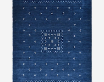 Alfombra Gabbeh azul de lana anudada a mano, alfombra tribal minimalista, alfombra Gabbeh persa moderna, alfombra índigo de lana hecha a mano, para sala de estar y dormitorio.