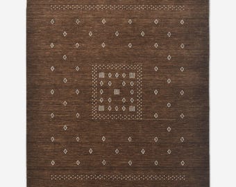 Alfombra Gabbeh marrón tejida a mano, alfombra minimalista tribal de lana, alfombra Gabbeh de estilo persa, alfombra neutra hecha a mano, alfombra bohemia moderna.