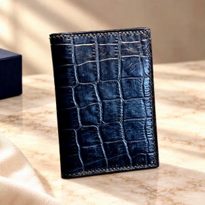 Ocean Blue Croc-Embossed and Togo Leather Bifold Card Holder | Handmade 4-Card Wallet