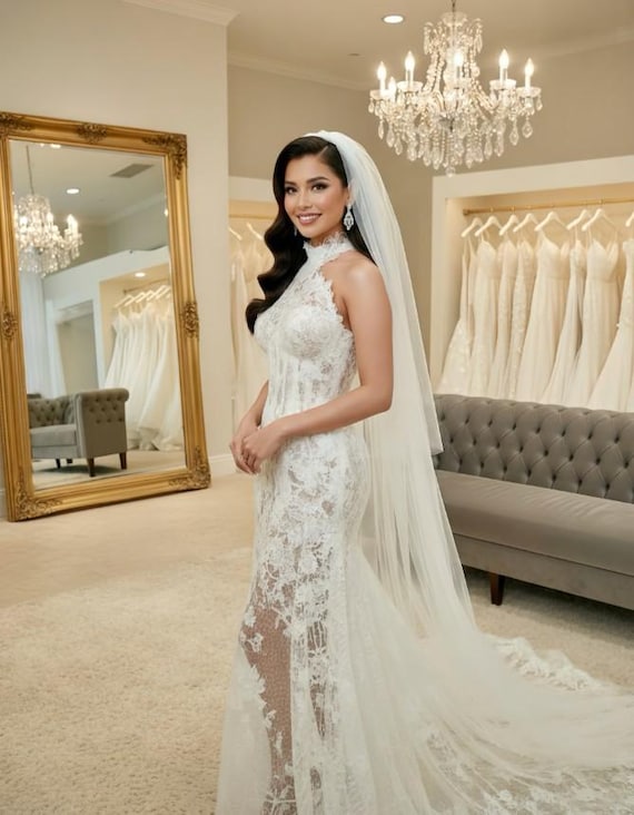 Sheer Halter Lace Wedding Gown - Selena Gomez Inspired Bridal Dress - Etsy  Israel