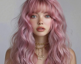 28 Inch Long Wavy Pink Wig with Bangs, Heat Resistant Synthetic Wig for Women, Natural Curly Pastel Pink Wig, Phaseli Cosplay Long Wig