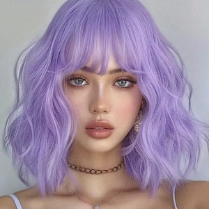 May include: A person with a lavender-colored wig with bangs. The wig has a wavy texture and is styled in a bob cut. The person is wearing a brown choker necklace and a delicate pendant necklace.