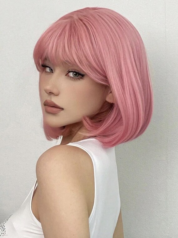 Straight Pink Bob Wig With Bangs, 14 Inch Heat Resistant  display picture 3