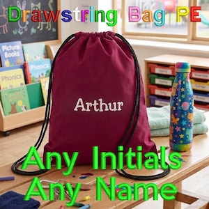 Borsa a sacco personalizzata con ricamo, con iniziali o nome a scelta, ideale per la scuola di educazione fisica, per bambini o per la palestra.