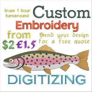 Könnte beinhalten: Werbung für individuelles Sticken und Digitalisieren. Das Bild zeigt eine Fischillustration. Der Text enthält "ab 1 Stunde Bearbeitungszeit", "Senden Sie Ihr Design für ein kostenloses Angebot" und den Preis von 1,50 £.