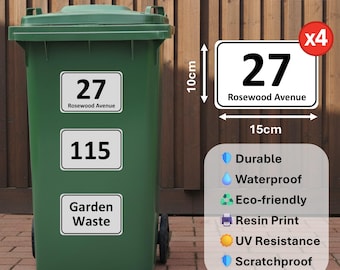 4 x PET Wheelie Bin Stickers Numbers Personalised Custom House Street Bin Number