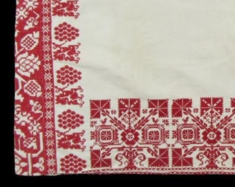 Antique 19th century hand-embroidered linen pillow case | European peasant textile folk art rare handcraft | Italian German Romania Hungary