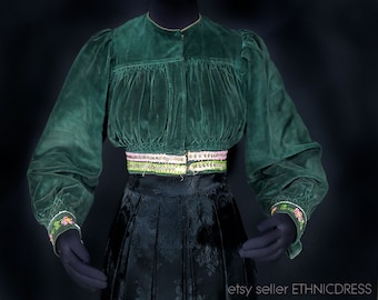 VINTAGE green velvet folk costume jacket from Lowicz region, Poland | handmade ethnic bodice blouse top | floral bead embroidery traditional