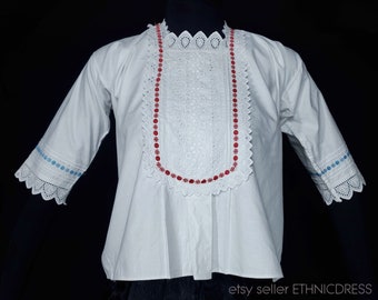 Antike ungarische Trachtenbluse aus dem Dorf Soshartyan, Nograd Nordungarn | weißes traditionelles ethnisches Baumwollhemd | Folklore Kleid