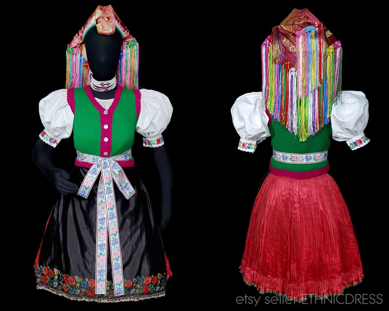 Vintage Hungarian folk costume Rimoc Paloc Hungary traditional embroidered blouse red skirt handmade vest rare headdress brocade shawl art image 1