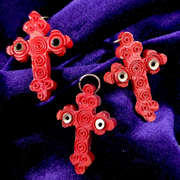 Rare 1900's antique red cross pendant | pilgrimage souvenir | European folk costume Germany Poland Slavic art | old bone rosary Stanhope