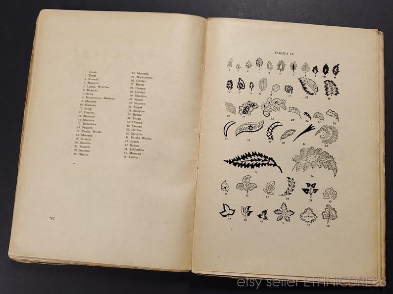 May include: A black and white illustration of different paisley patterns, labeled "Table IX" in the top right corner. The patterns are numbered 1 through 46.