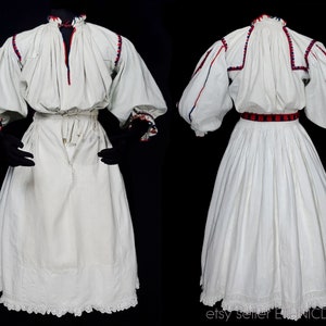 Vintage Romanian folk costume embroidered linen blouse & skirt set | handmade ethnic clothing traditional peasant dress embroidery outfit