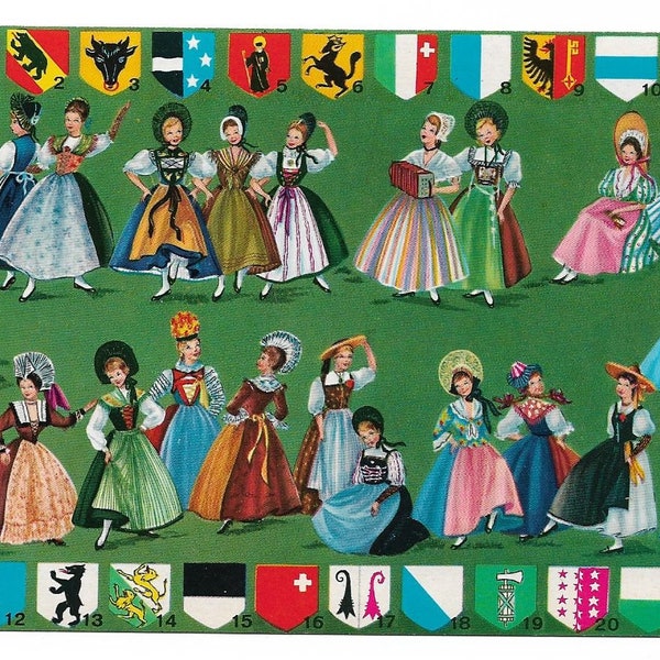 POSTCARD Swiss Regional Folk Costumes | Canton city crest emblem coat of arms | Bern Aargau Luzern Gevena Appenzell Schwyz | dancing dolls