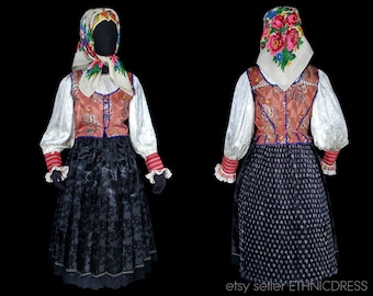 Vintage Rusyn woman's folk costume from Velky Lipnik, Slovakia | Spis traditional ethnic clothing indigo blueprint skirt embroidered blouse