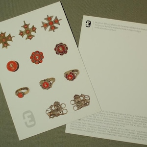 COOL POSTCARD: ethnic folk art jewelry from Krakow Ethnography Museum - silver & coral cross pendant | antique ring | hoczki Cieszyn Poland